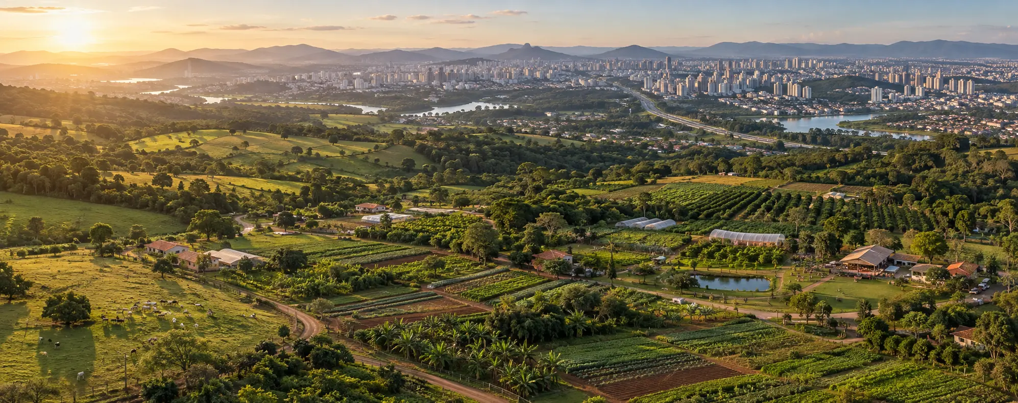 Vista aérea ilustrativa da transição entre propriedades rurais e uma cidade brasileira